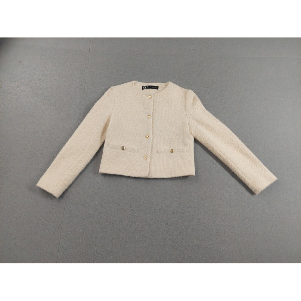Zara Women Jackets XS Cream Button Front Pockets Long Sleeve Comfort Logo Office